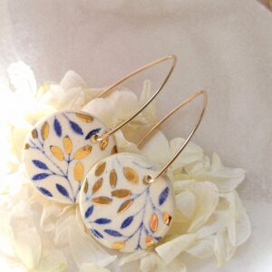 Boucles d’oreilles Feuille Bleue & Or – Céramique & Or fin